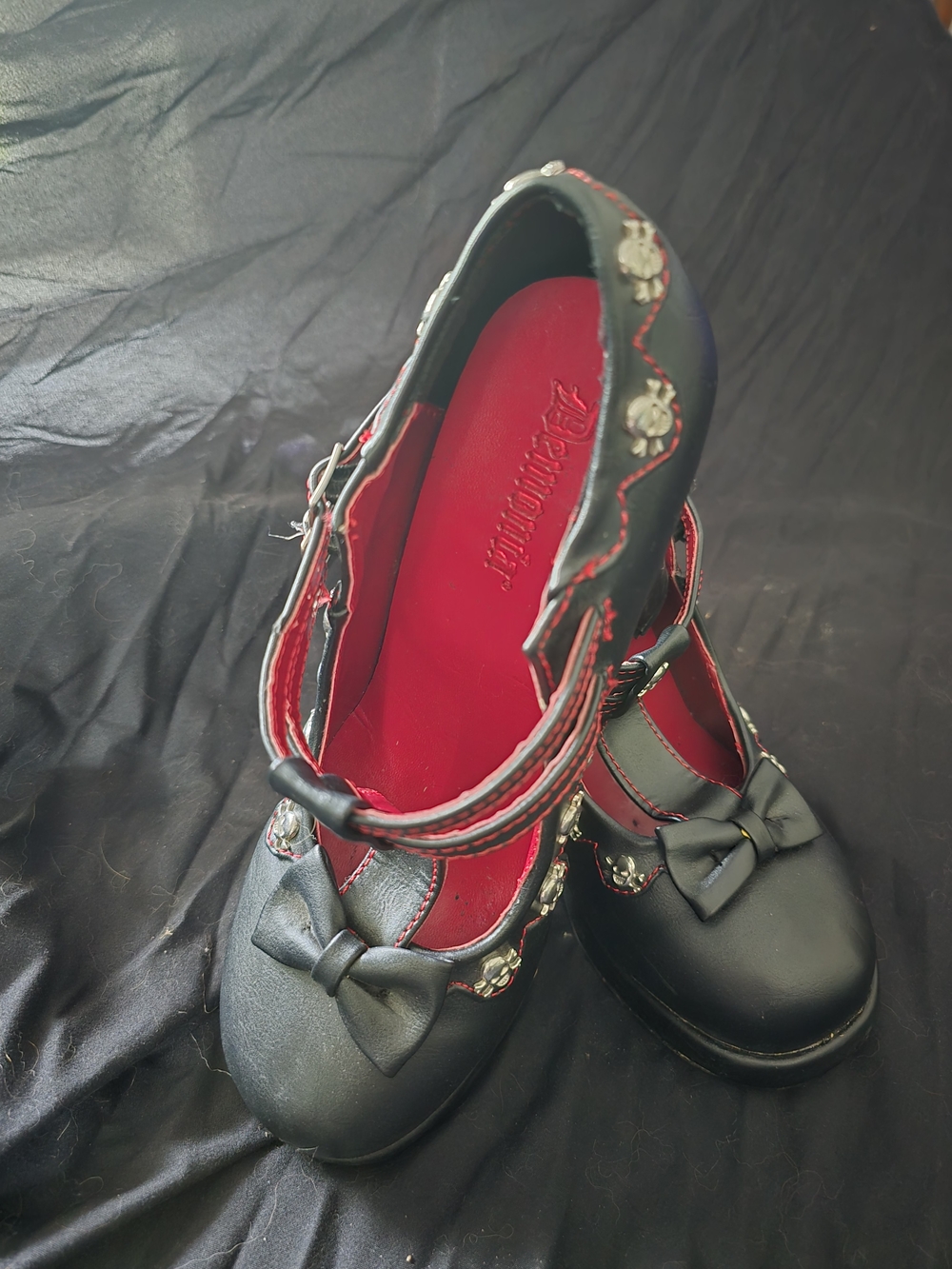 Demonia Black Mary Jane Heels with Skulls Red Insole and Bow